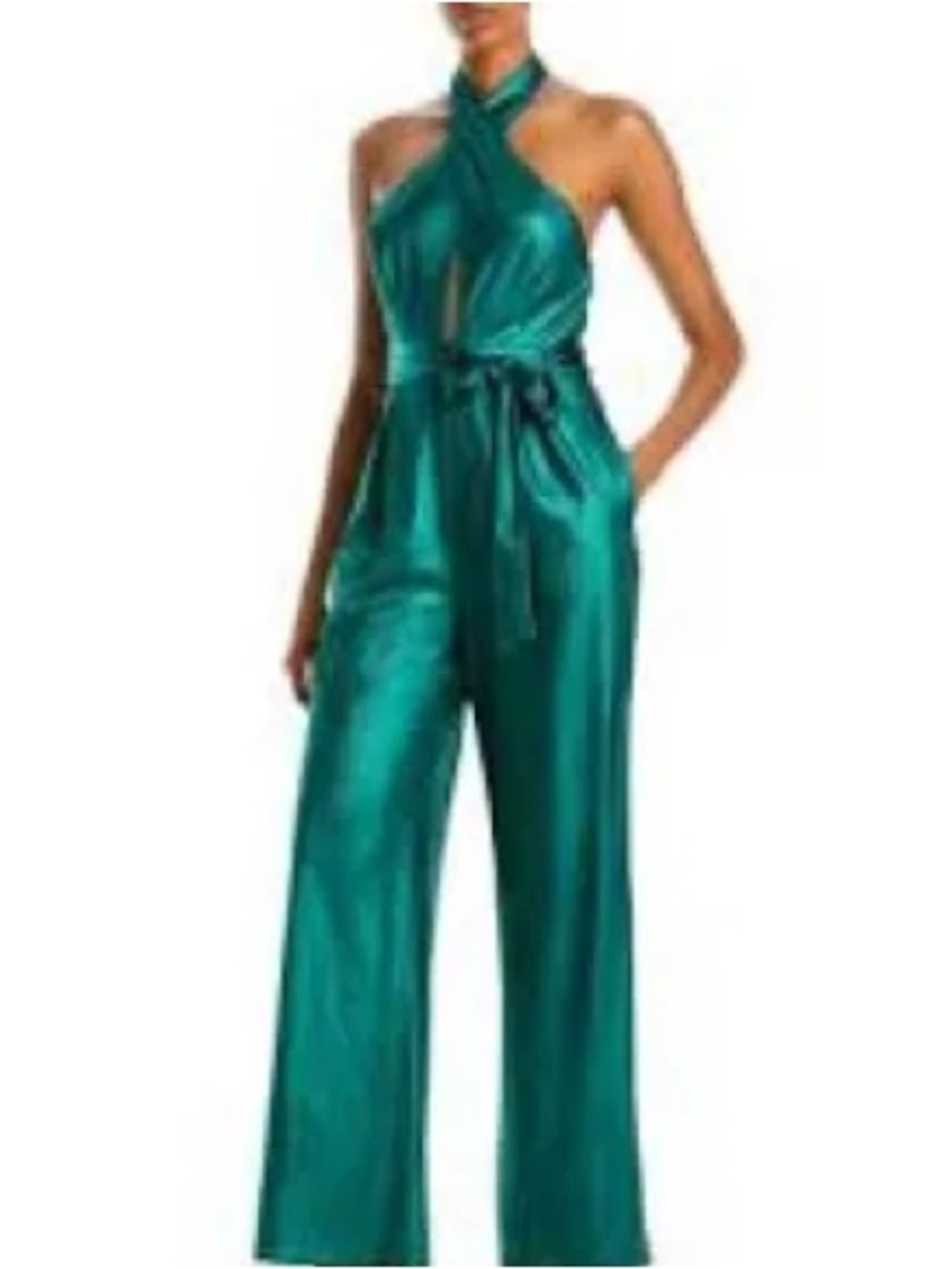 metallic teal halter wide leg jumpsuit